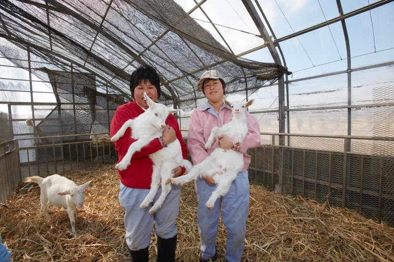 A smiling person holding a goat