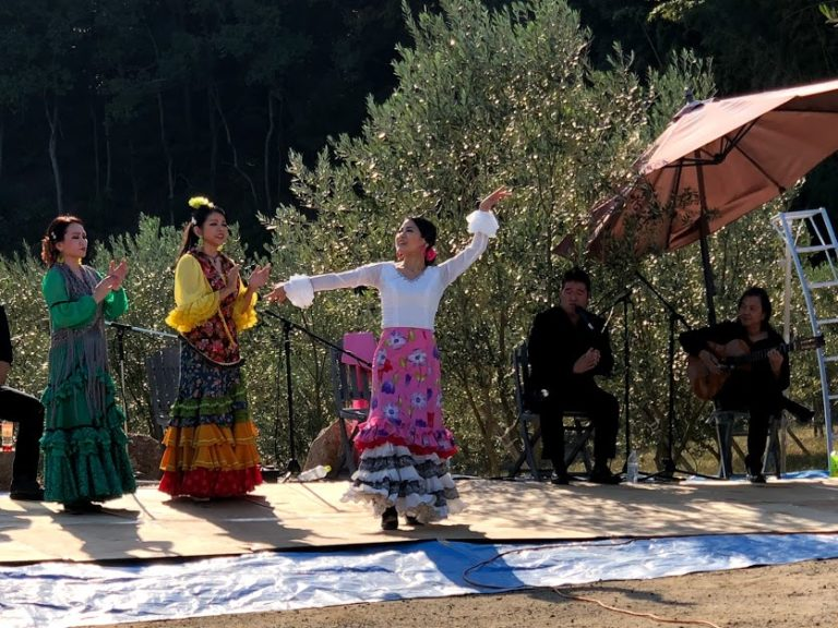 A person who dances against an olive background