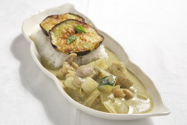 Mitoyo eggplant and olive chicken green curry