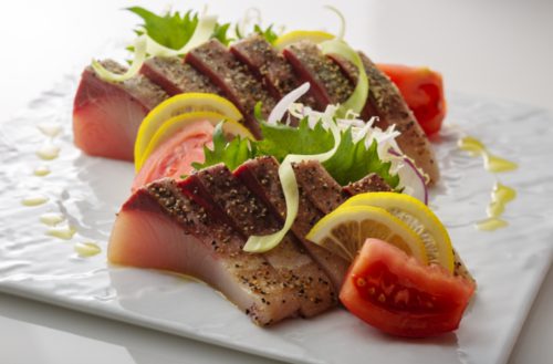 Olive hamachi covered with spices